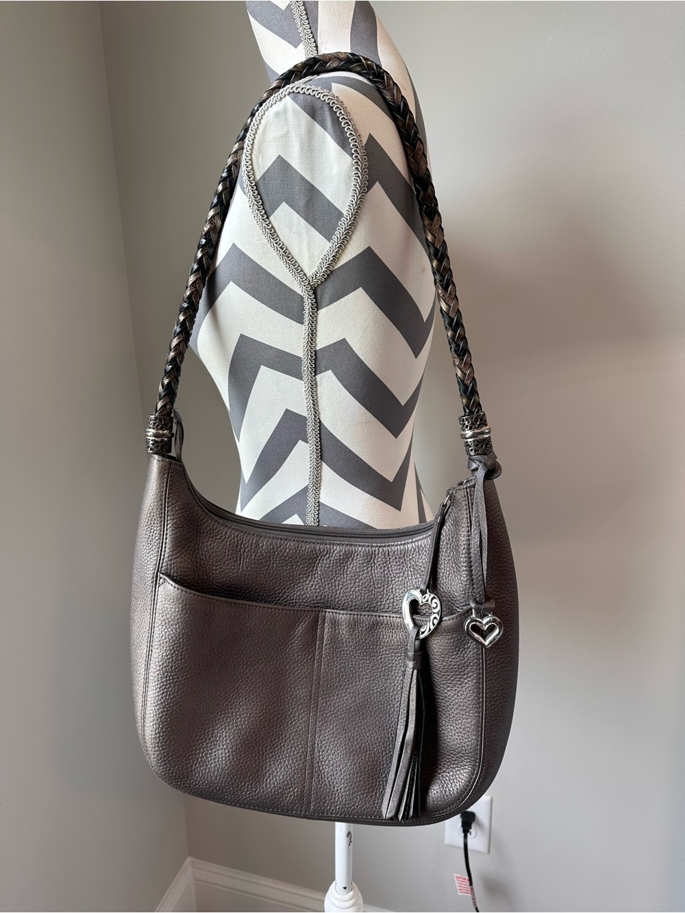 Brighton Pewter Metallic Grey Leather Barbados Ziptop Hobo Shoulder Bag Tassel